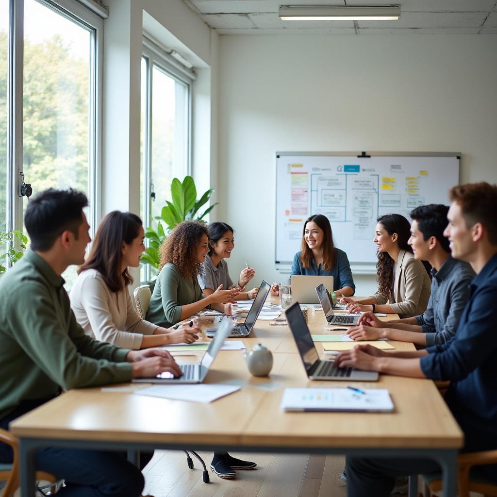 Equipo colaborando eficientemente después de workshop